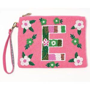 America and Beyond Embellished Zip Top Clutch Wristlet New Beaded ‘E’ Flowers